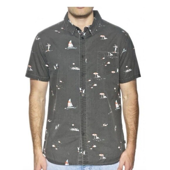 Vacay‎ Print Shirt Black Cotton Size Large Button Down by Globe - Picture 1 of 13